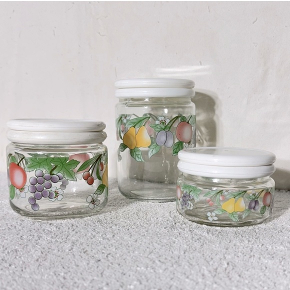 Vintage 80s KIG Indonesia Glass Fruit Flower Canister Set (3) - Picture 1 of 13